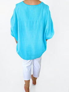Cotton Sparkle Star Siana Button Sleeve Batwing Top - Turquoise