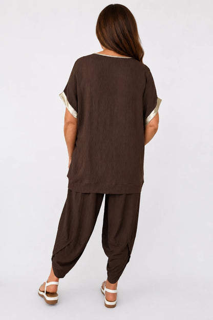 Lightly Textured Golden Diamanté Clover Gold Trim Diana Top - Chocolate