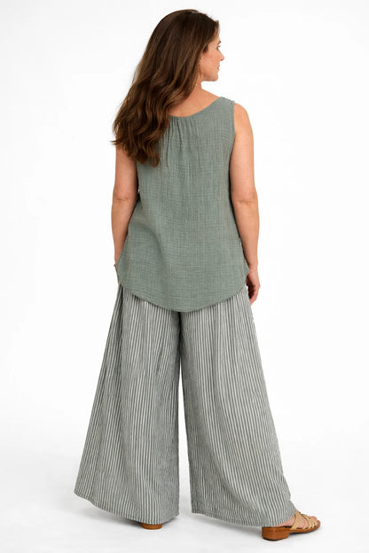 Pure Cotton Smocked Waist Striped Fiora Wide Leg Pants - Khaki