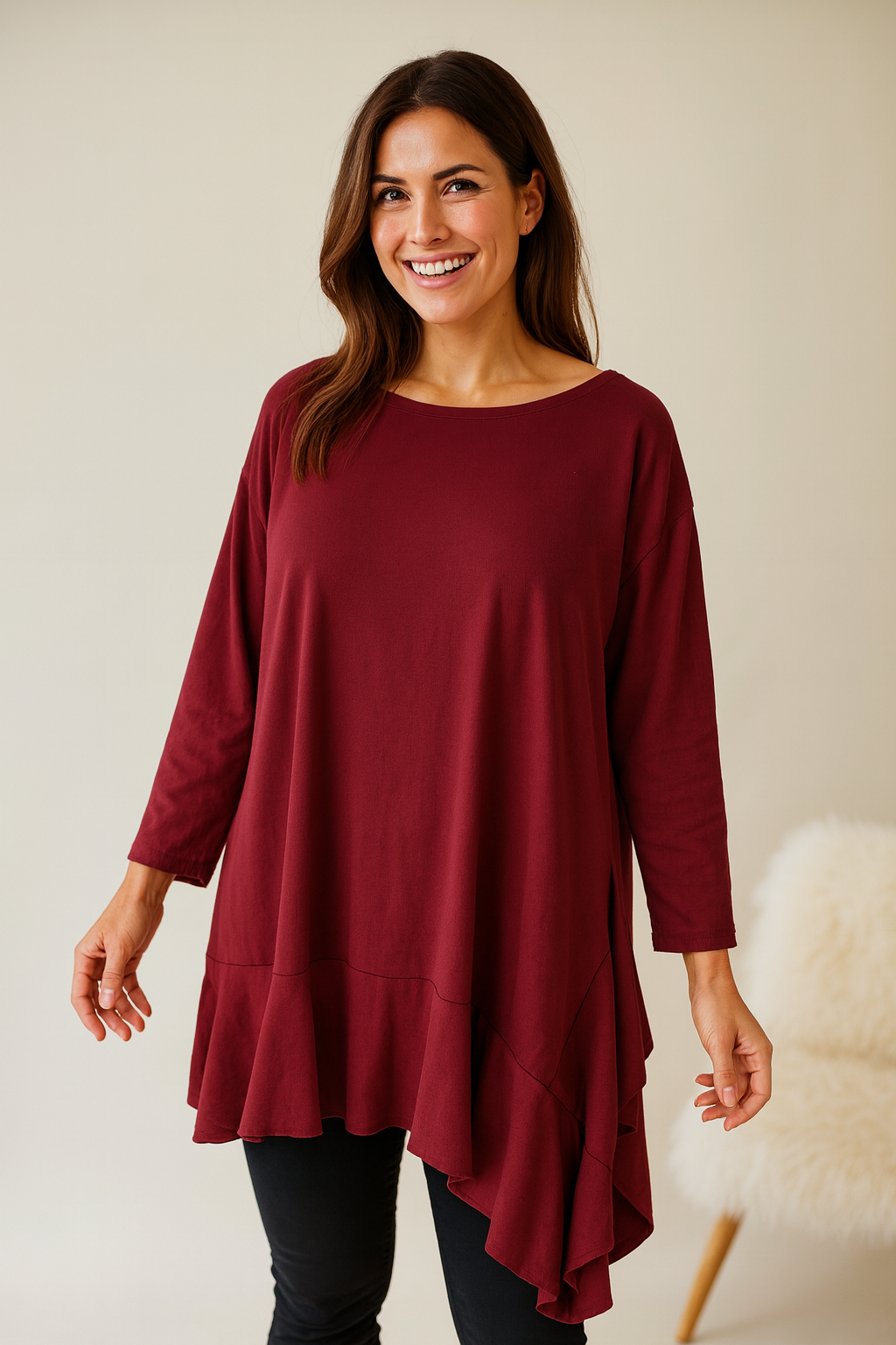 Cotton Raw Edge Frill Hem Veronica Top - Wine
