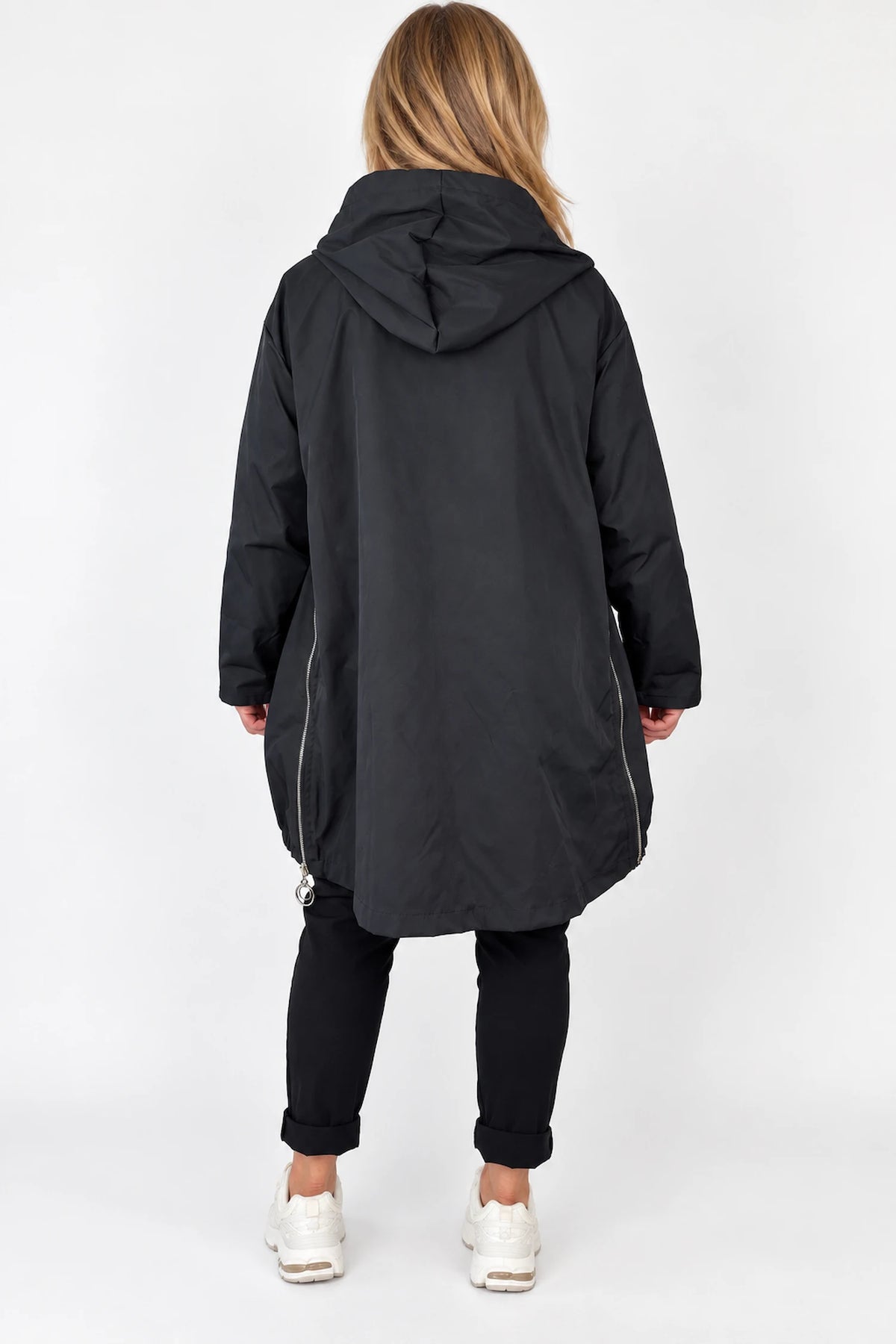 Double Pocket Badge Detail Adjustable Fit Side Zip Florenzi Lightweight Coat - Black