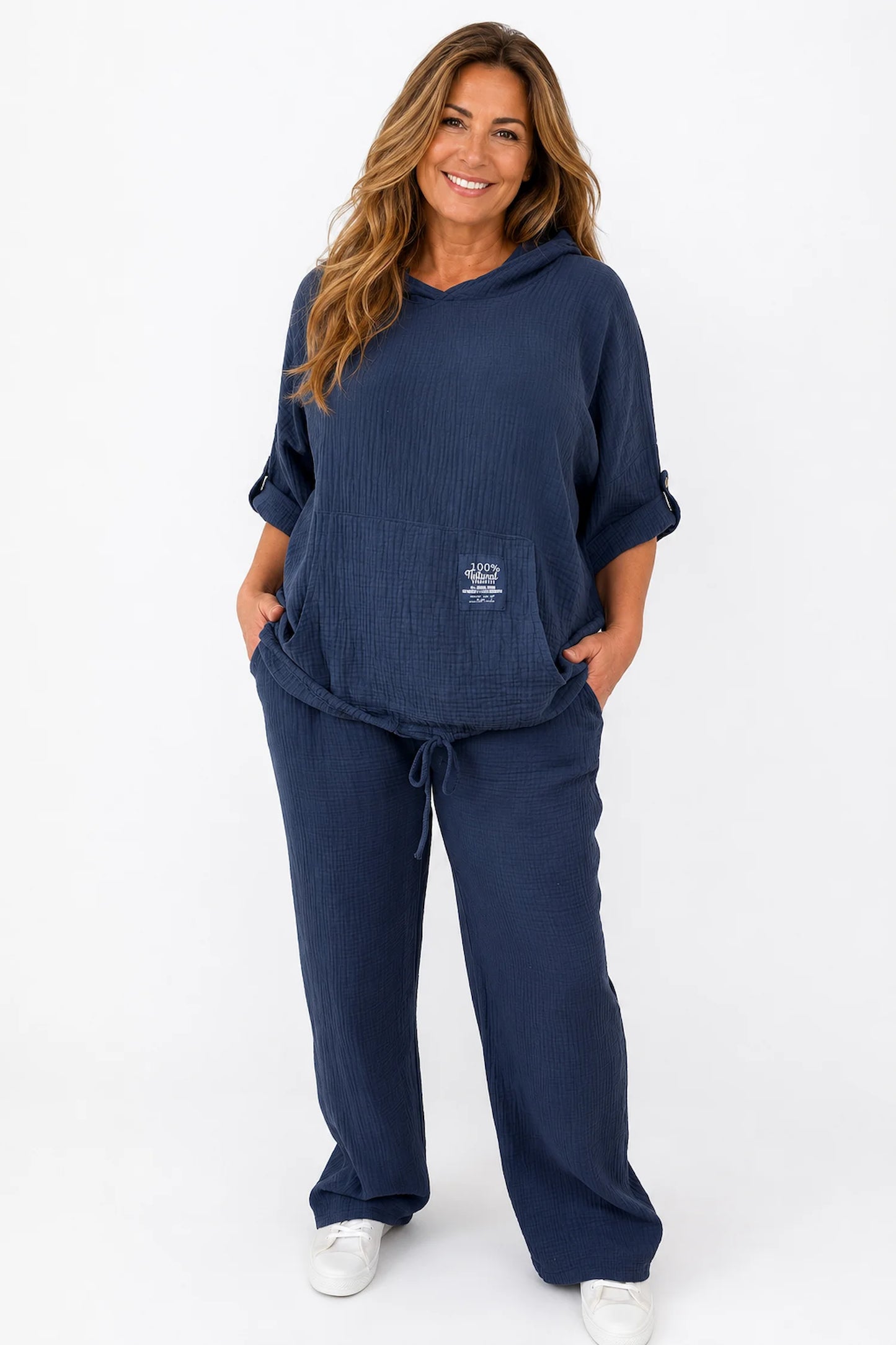 Pure Bubble Cotton Double Pocket Elasticated Waist Carla Wide Leg Pants - Navy