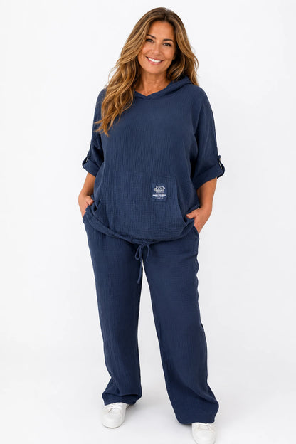 Pure Bubble Cotton Double Pocket Elasticated Waist Carla Wide Leg Pants - Navy