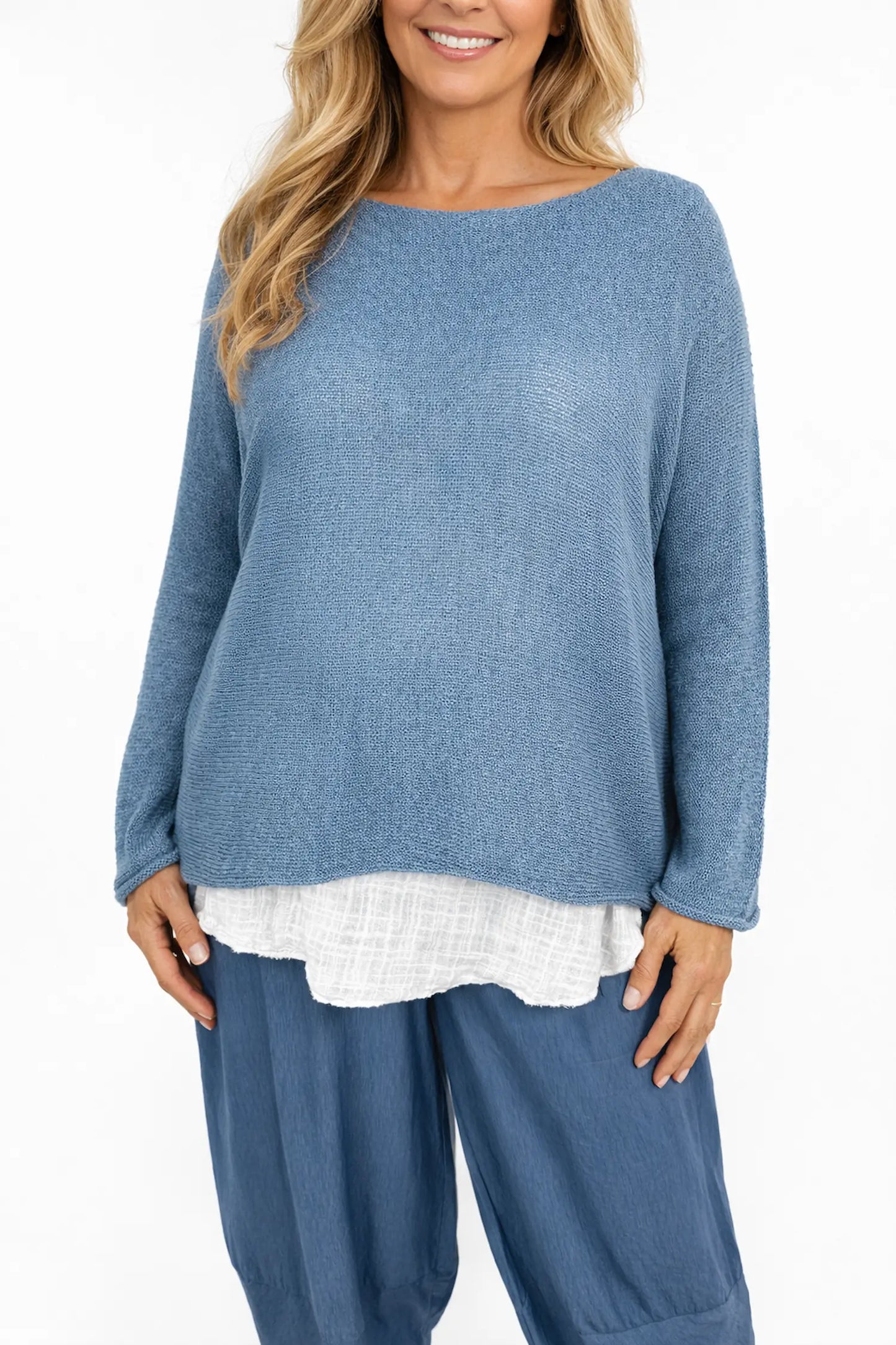 Pure Cotton Seam Sleeve Ariana Spring Knit Top - Denim