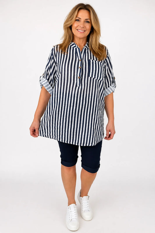 Linen Look Pure Cotton Pocket Detail Cruze Button Sleeve Stripe Shirt - Navy/White