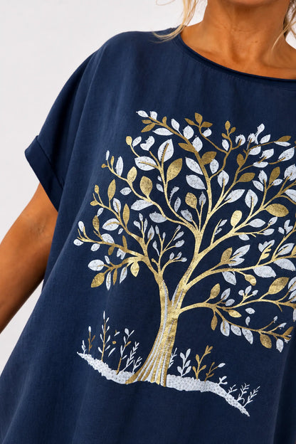 Linen Cotton Mix Diamanté Golden Leaf Carletta Top - Navy