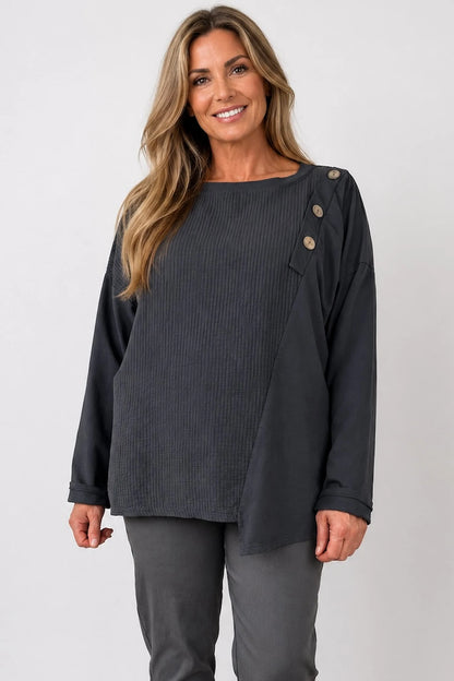 Cotton Button Detail Ezra Top - Charcoal