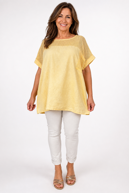 Linen Cotton Mix Mesh Detail Amalfi Pocket Top - Sunwashed Lemon