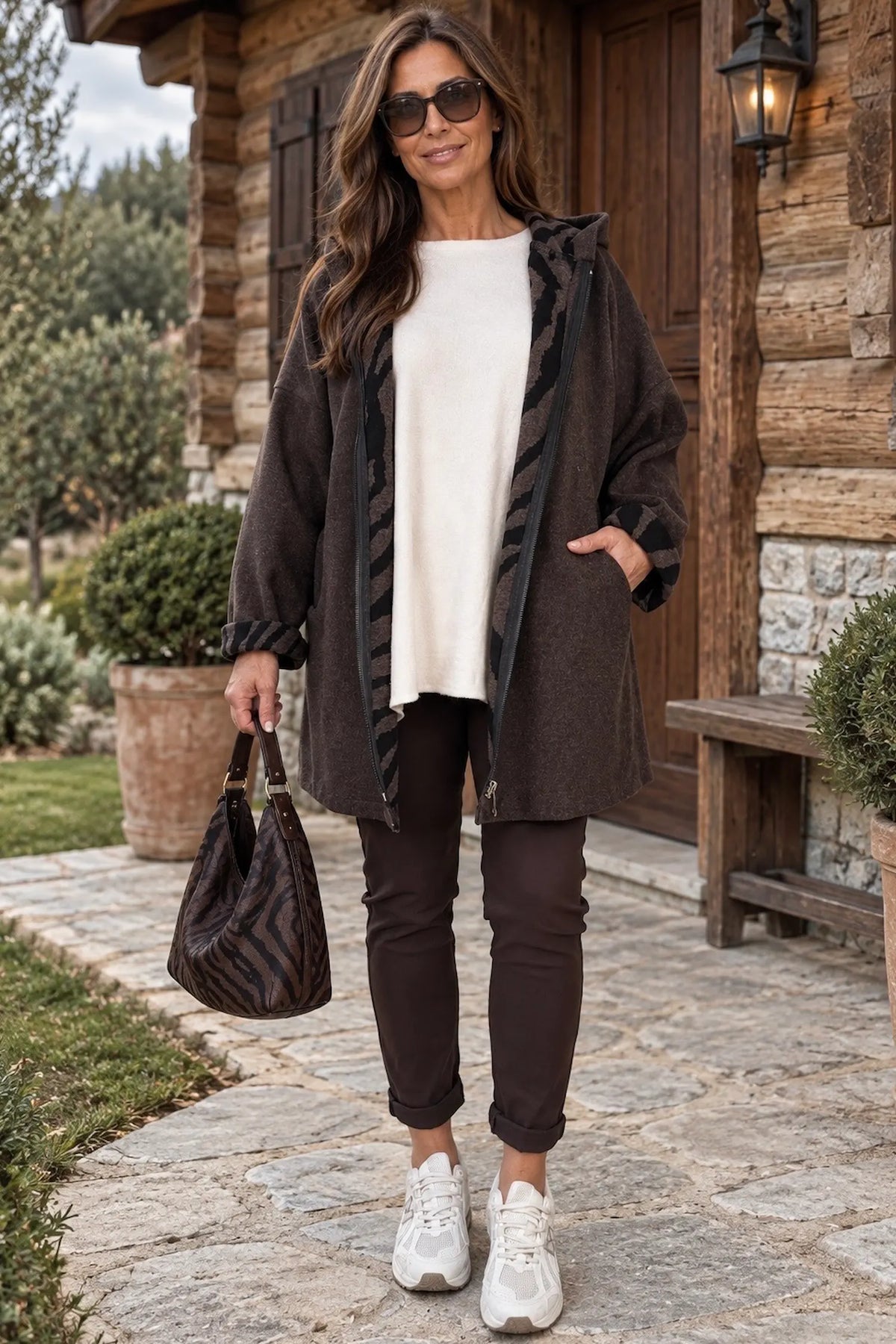 Double Pocket Zipped Contrast Animal Print Lined Valentina Brushed Hooded Coat - Chocolate