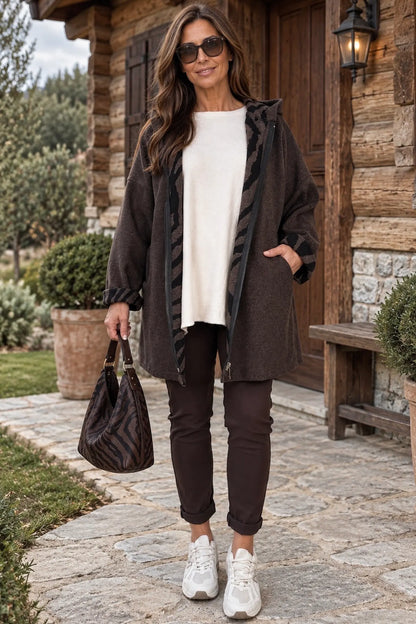 Double Pocket Zipped Contrast Animal Print Lined Valentina Brushed Hooded Coat - Chocolate