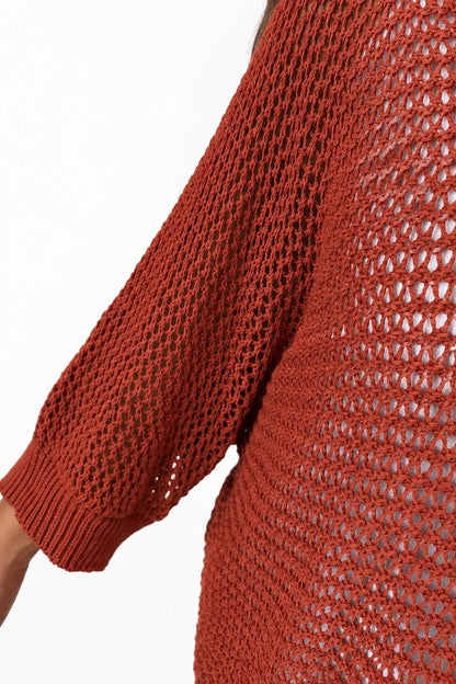 Pure Cotton Removable Tie Alexandra Batwing Crochet Top - Spice Terracotta