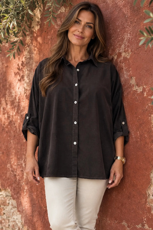 Pure Cotton Needlecord Button Sleeve Milan Button Shirt - Chocolate