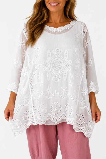 Pure Cotton Embroidery Anglaise Batwing Fara Top - White