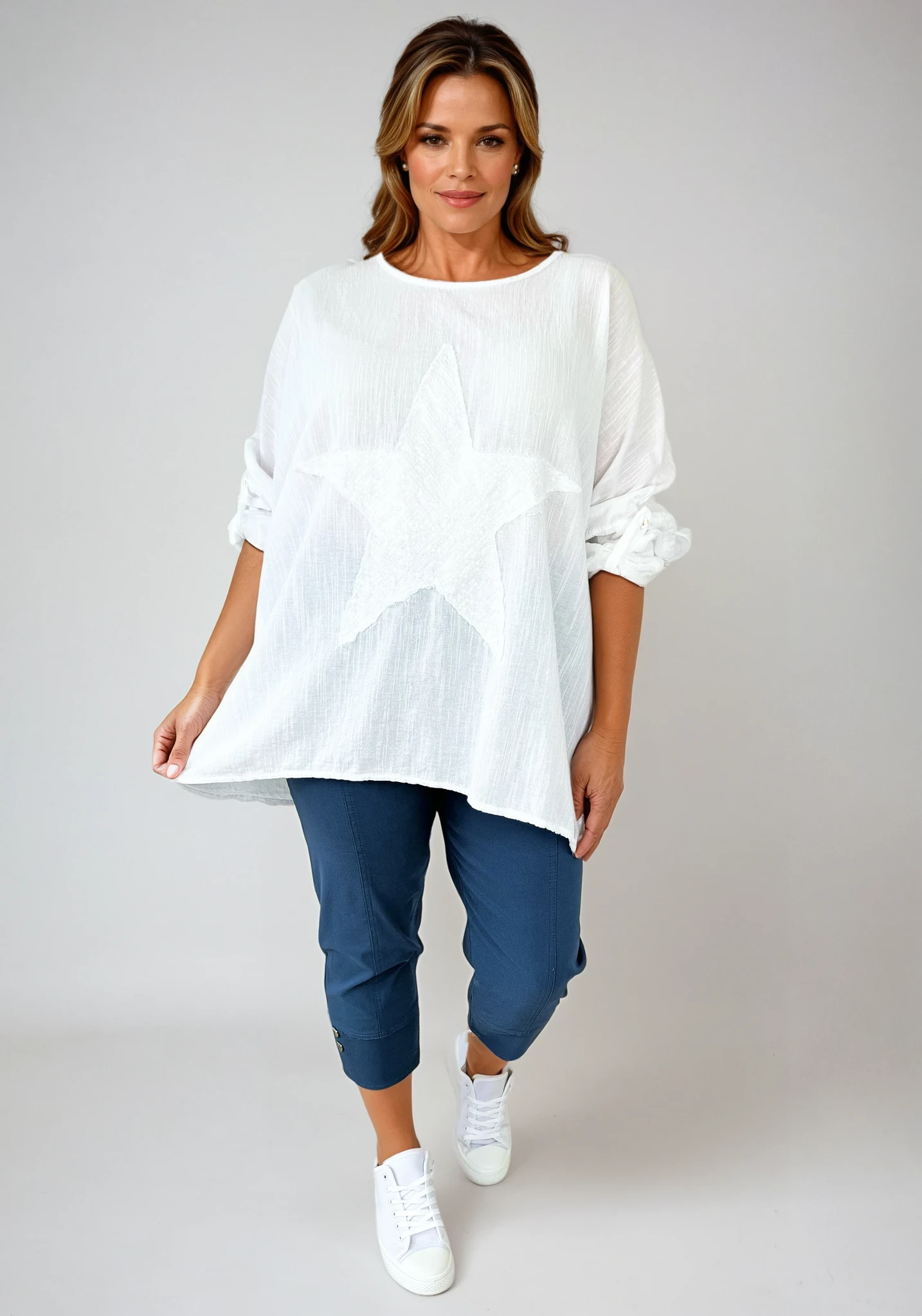 Cotton Sparkle Star Siana Button Sleeve Batwing Top - White