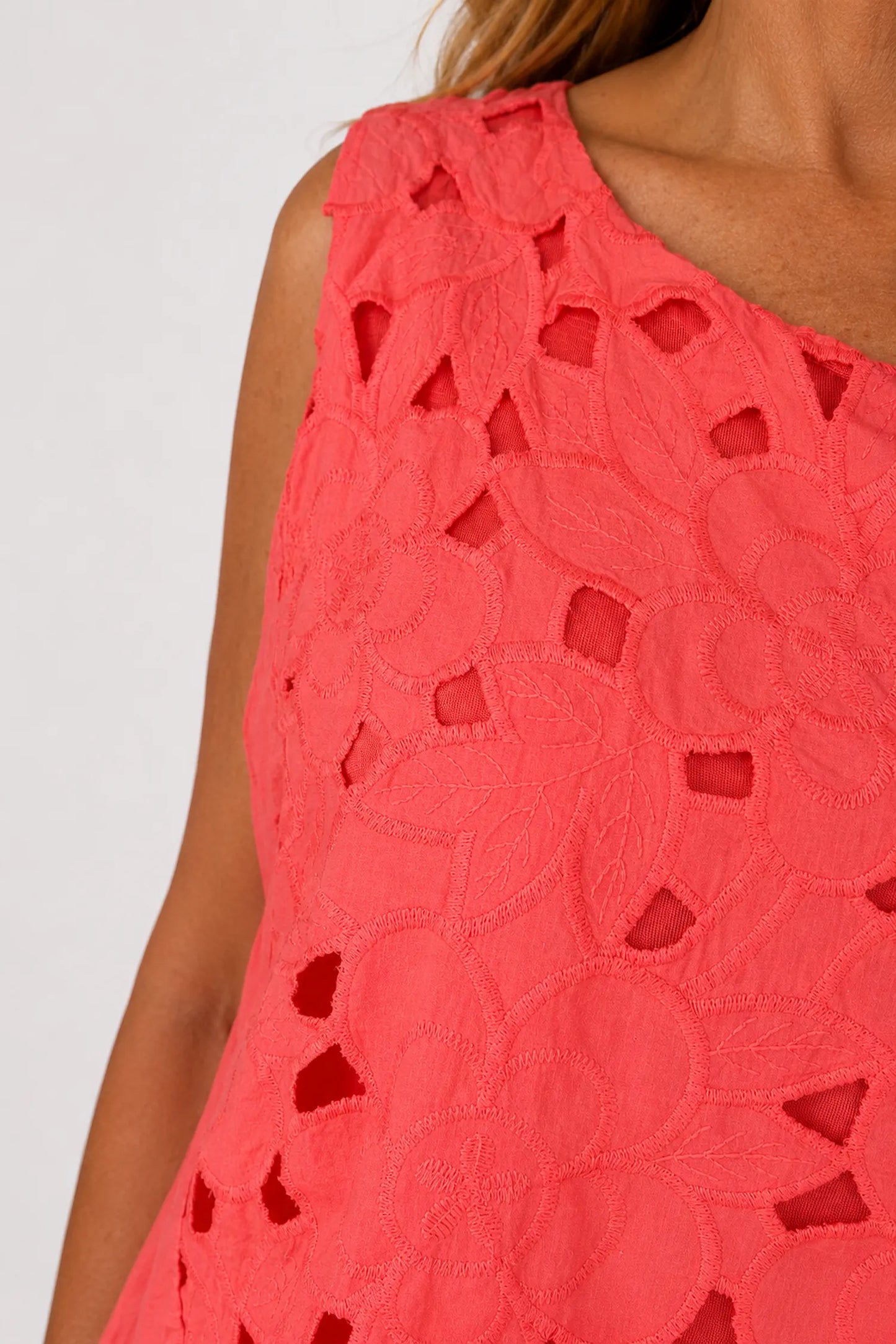 Pure Cotton Fully Lined Embroidery Anglaise Missi Vest - Coral