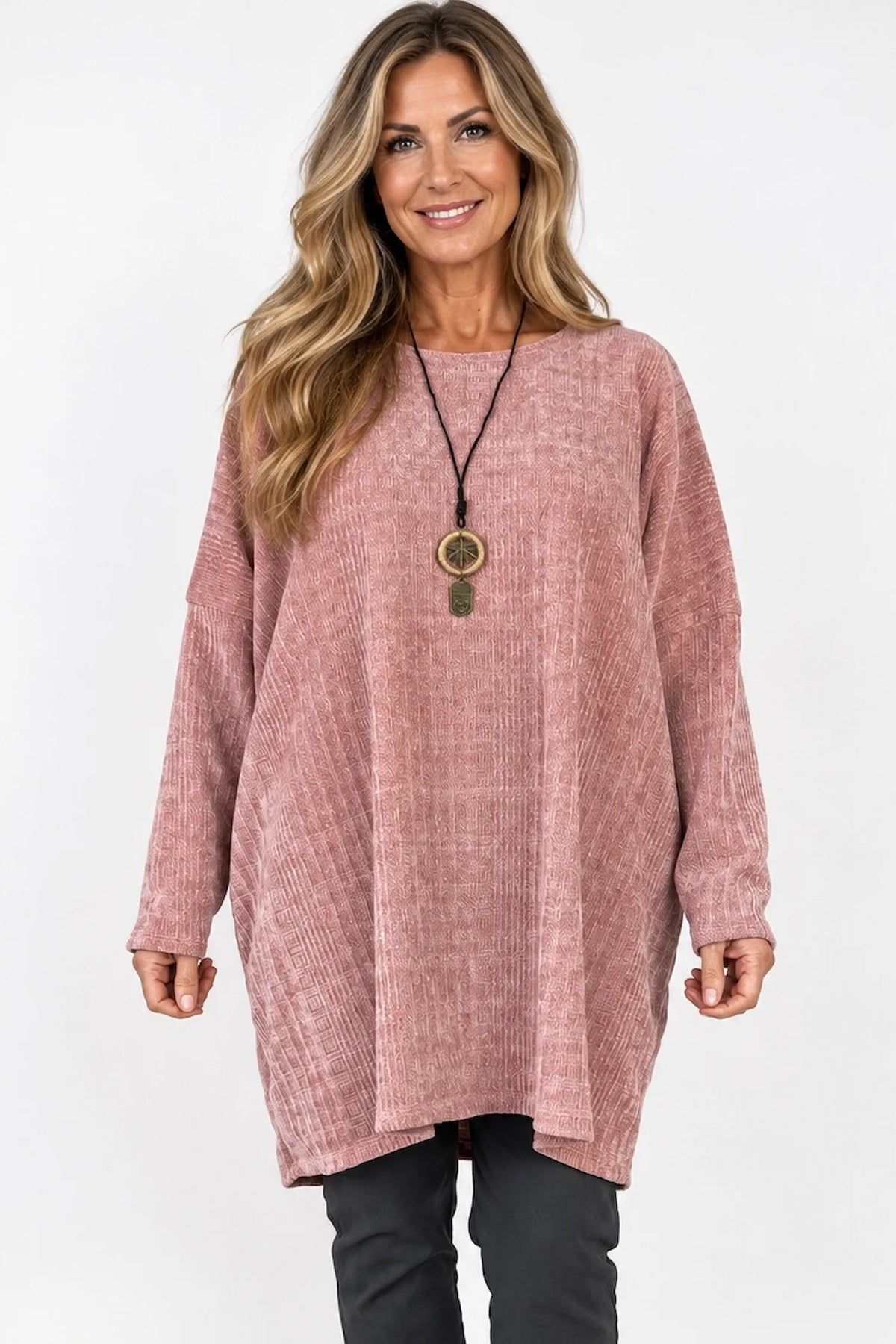 Victoria Chenille Necklace Tunic Top - Rosewood Pink