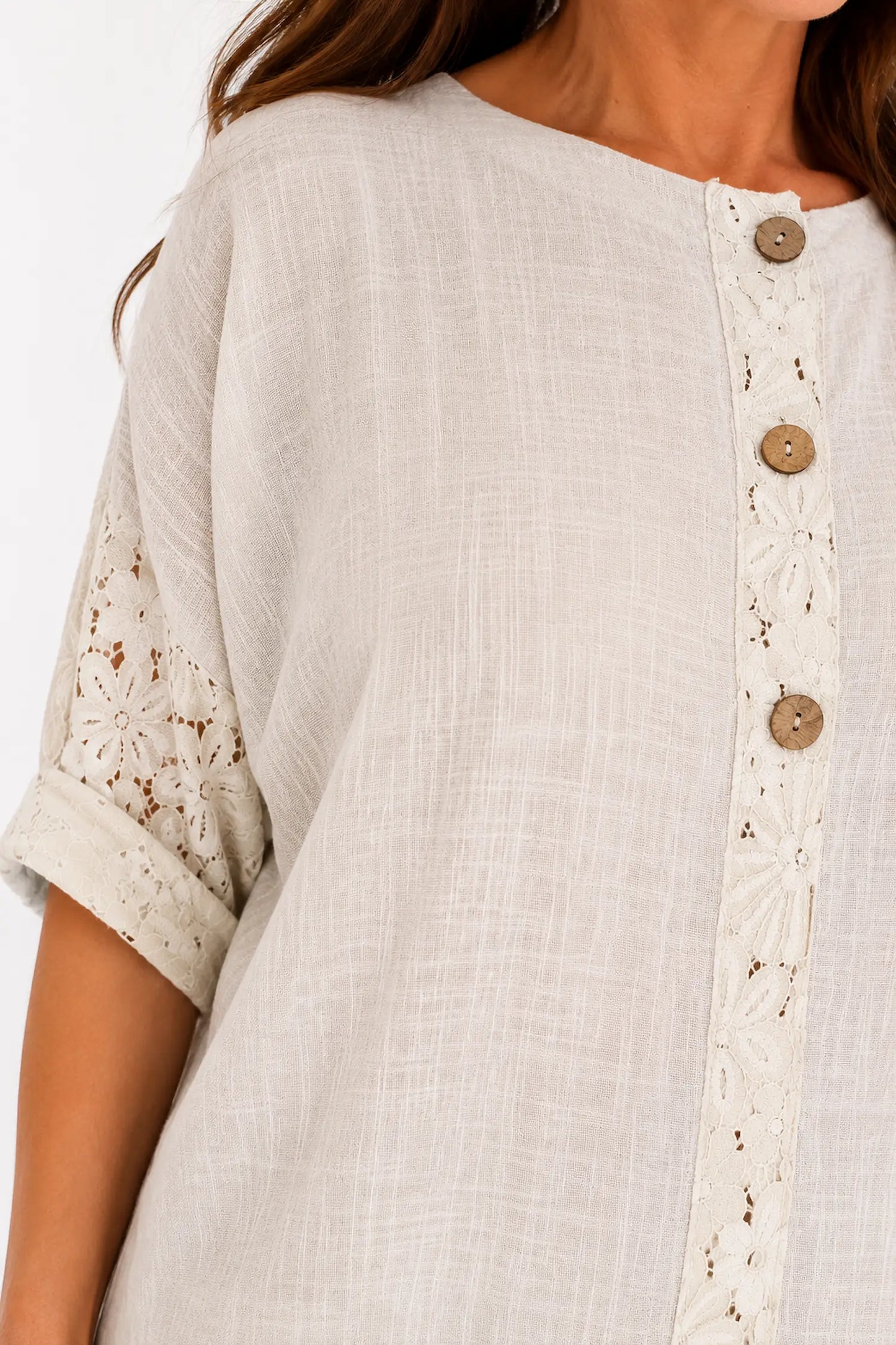 Linen Look Cotton Lace Sleeve Calabri Button Top - Beige