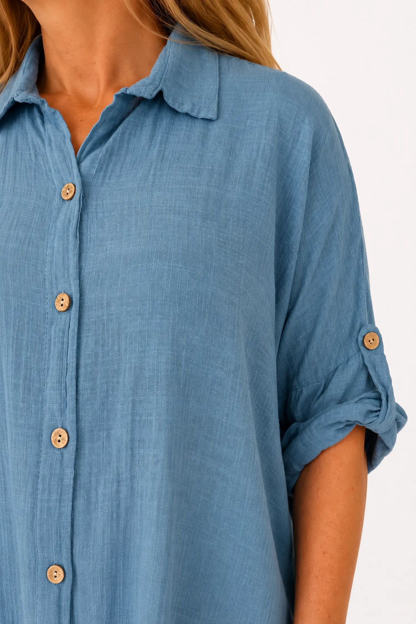 Pure Cotton Button Sleeve Cressida Button Shirt - Denim