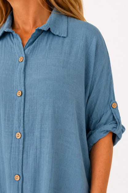 Pure Cotton Button Sleeve Cressida Button Shirt - Denim