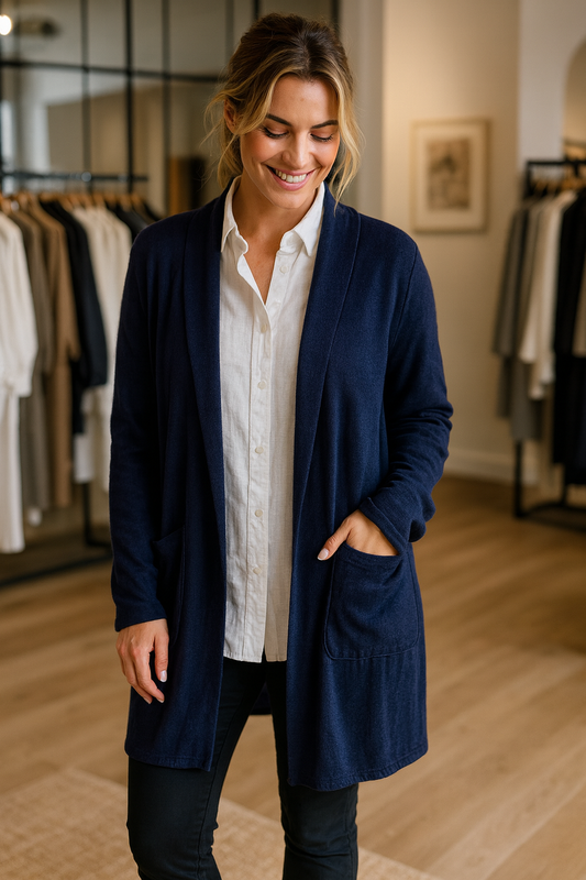 Soft Knit Double Pocket Sasia Cardigan - Navy