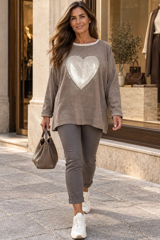 Needlecord Golden Diamanté Heart Piana Top - Mocha