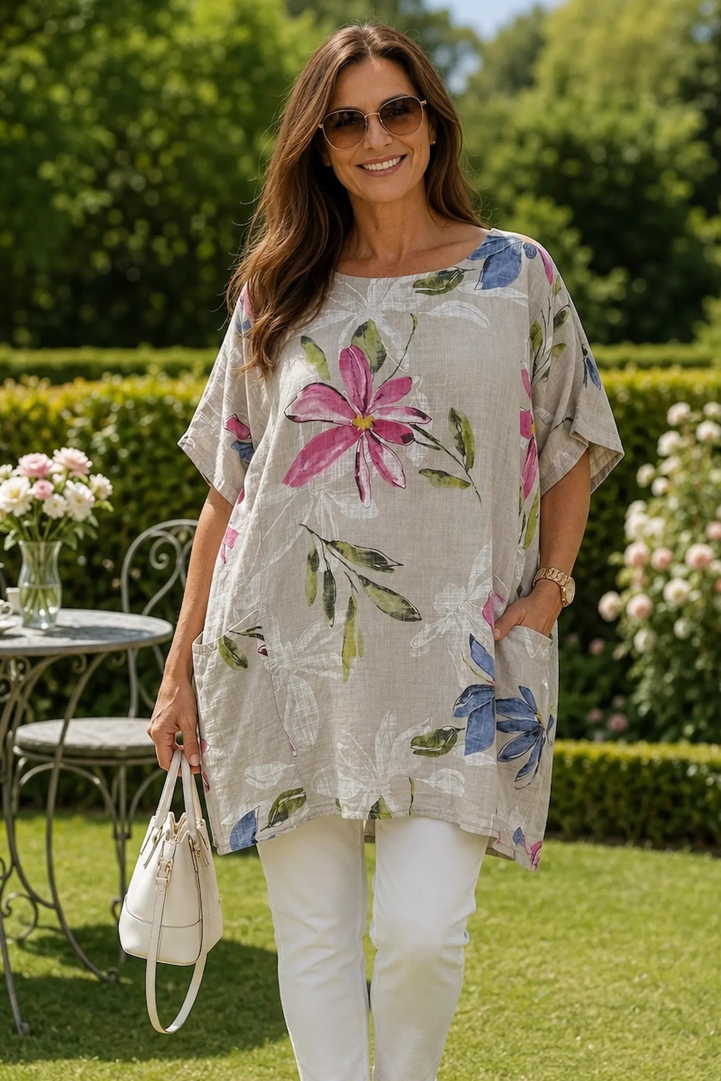 Pure Cotton Double Pocket Livia Tunic Top - Beige