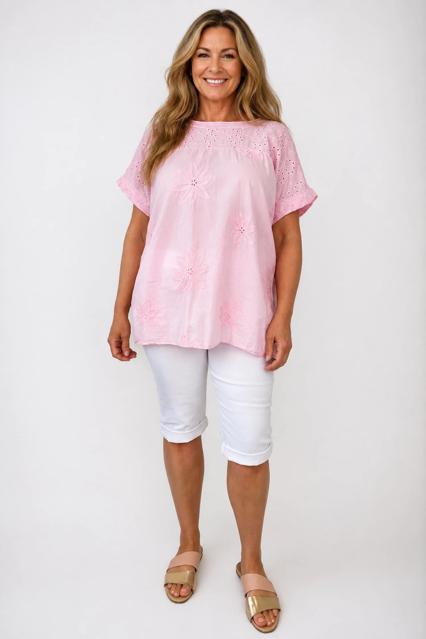 Pure Cotton Floral Embroidery Anglaise Clarissa Top - Baby Pink