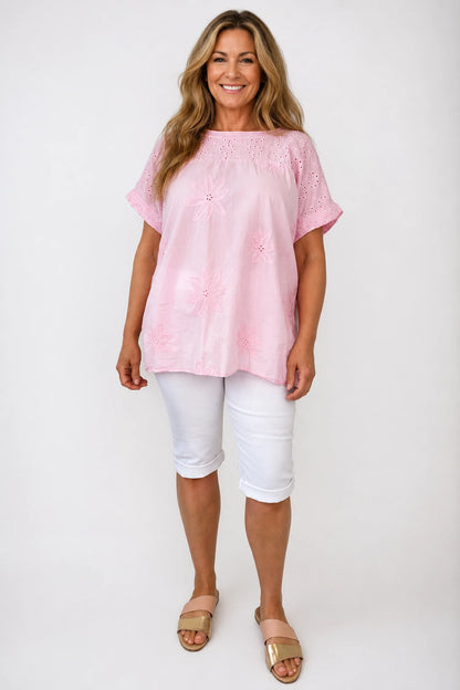 Pure Cotton Floral Embroidery Anglaise Clarissa Top - Baby Pink