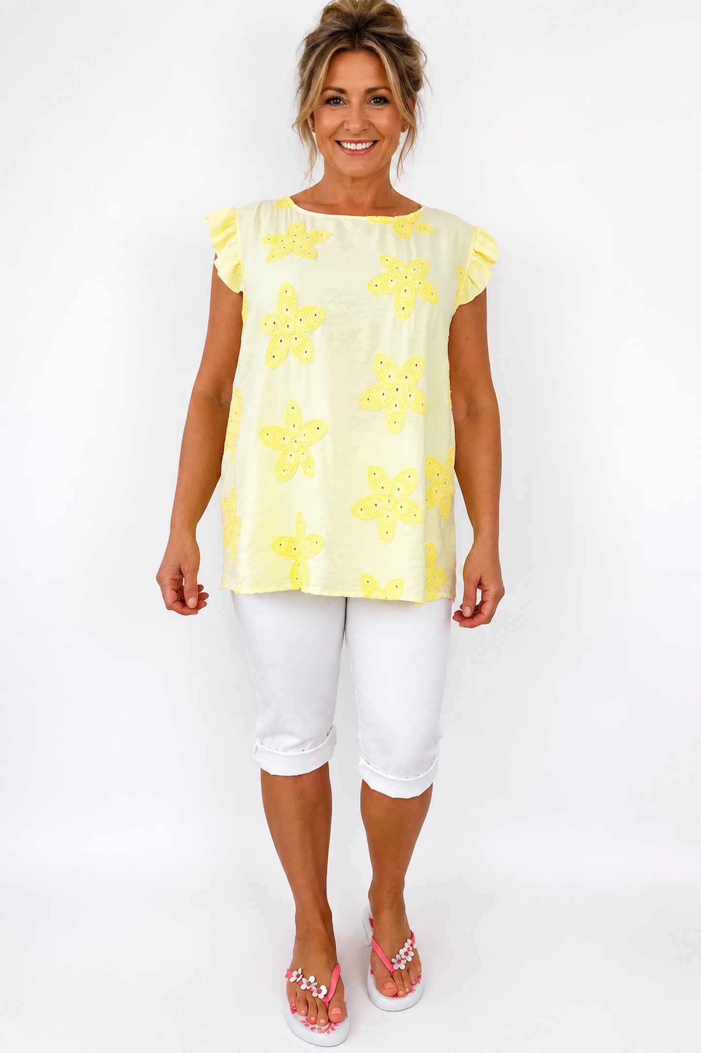 Frill Sleeve Embroidered Floral Detail Sienna Cap Sleeve Top - Lemon