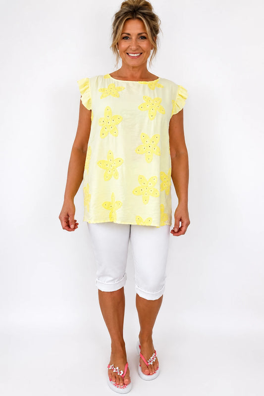 Frill Sleeve Embroidered Floral Detail Sienna Cap Sleeve Top - Lemon