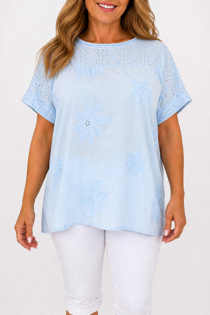 Pure Cotton Floral Embroidery Anglaise Clarissa Top - Baby Blue