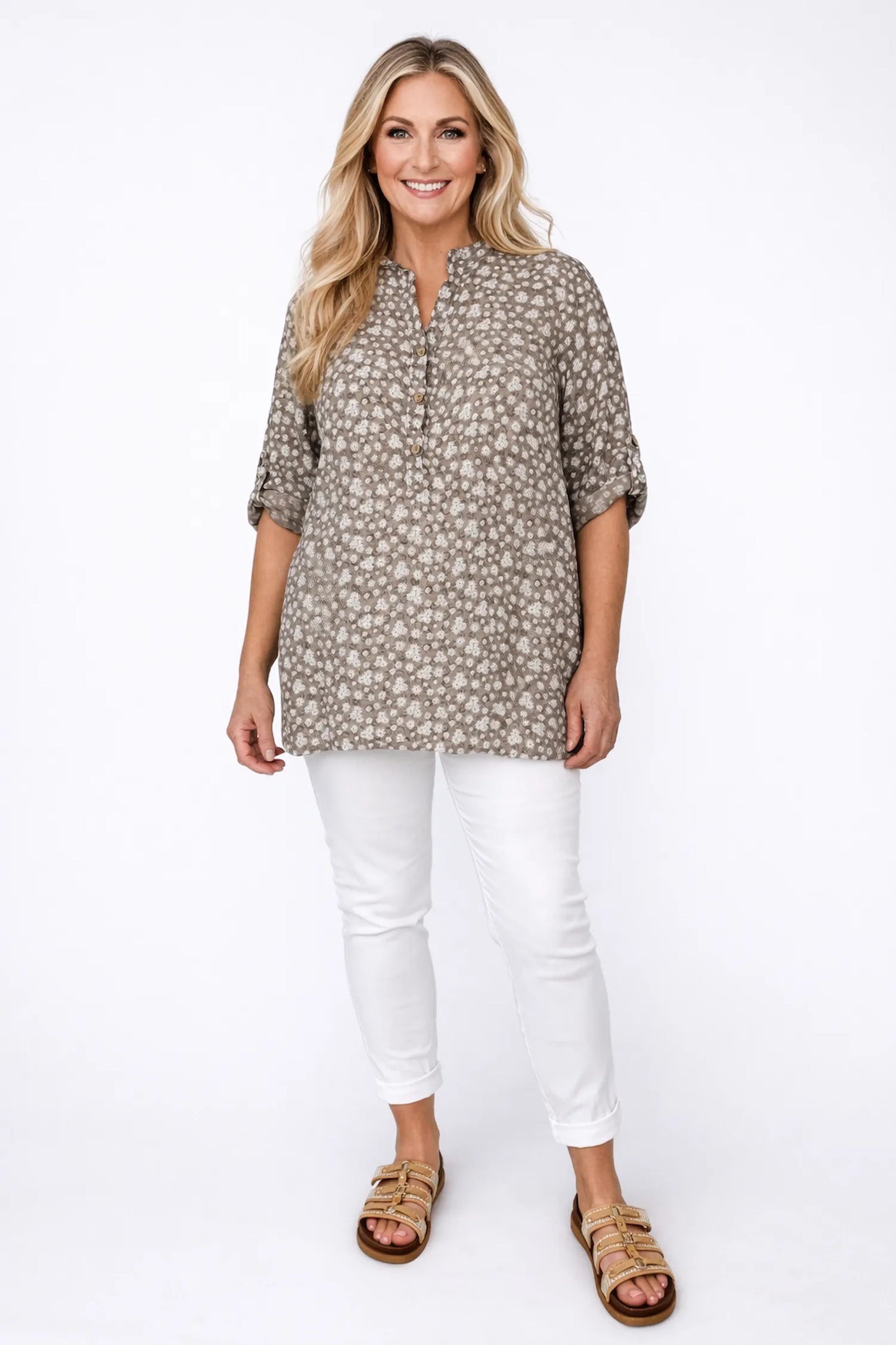 Linen Look Cotton Button Sleeve Daisy Button Shirt - Mocha