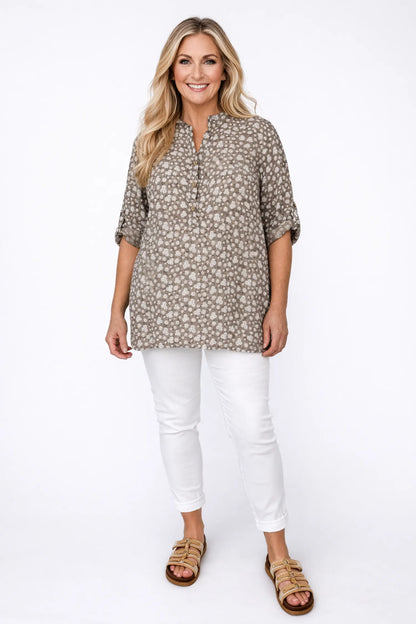 Linen Look Cotton Button Sleeve Daisy Button Shirt - Mocha