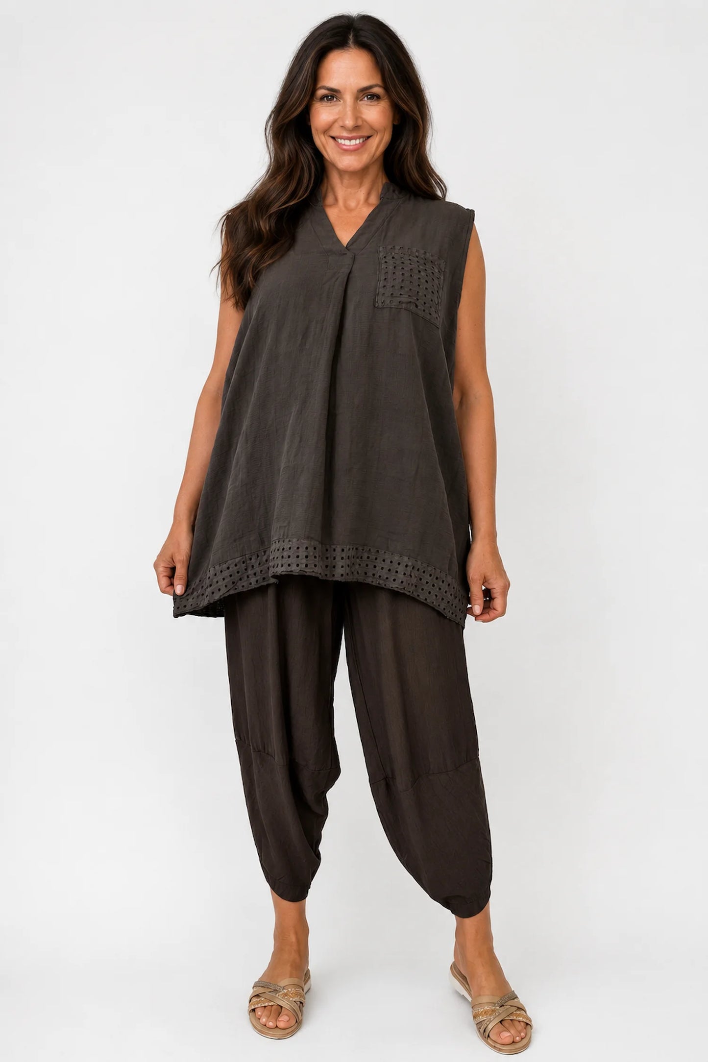 Pure Cotton Mesh Detail Rosetta Pocket Cap Sleeve Top - Chocolate