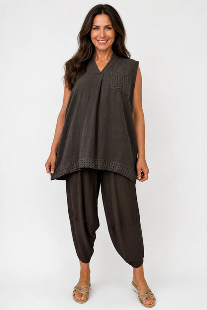 Pure Cotton Mesh Detail Rosetta Pocket Cap Sleeve Top - Chocolate