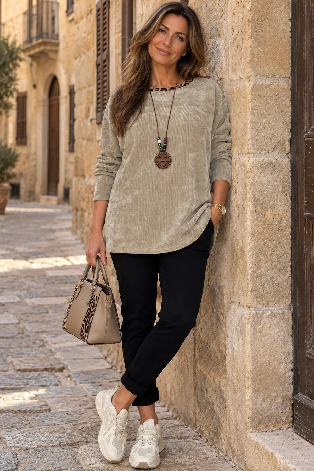 Bella Leopard Line Chenille Necklace Top - Beige