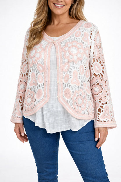 Cotton Angela Crochet Button Cardigan - Baby Pink