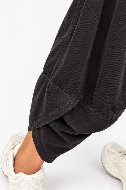 Pure Cotton Needlecord Double Panel Pocket Elasticated Waist Fara Pants - Chocolate