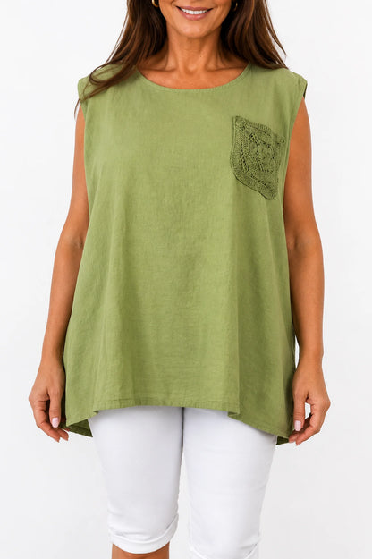 Linen Cotton Mix Button Back Embroidered Crochet Pocket Primrose Vest - Lime