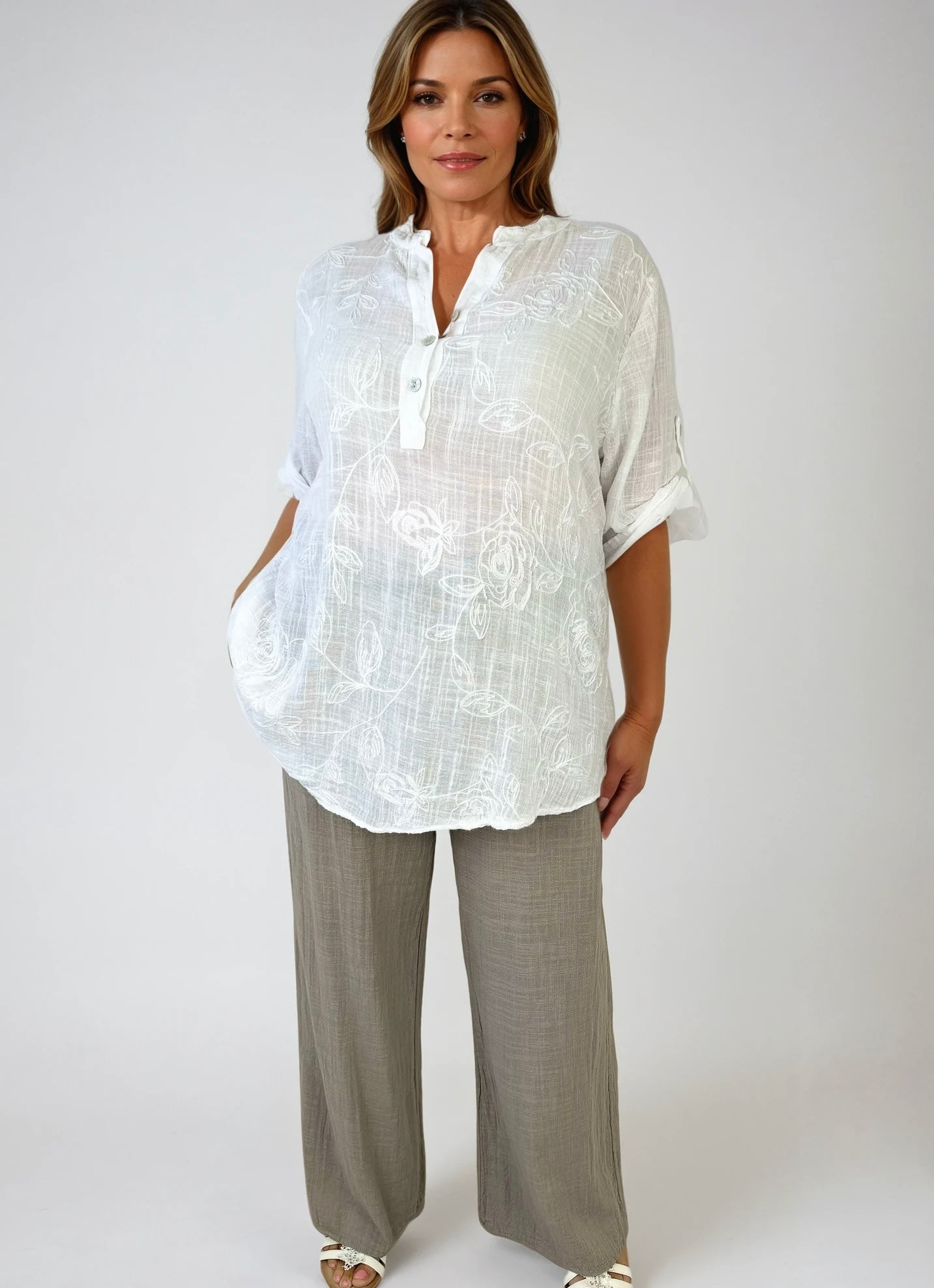 Pure Cotton Embroidery Anglaise Button Sleeve Elara Shirt - White