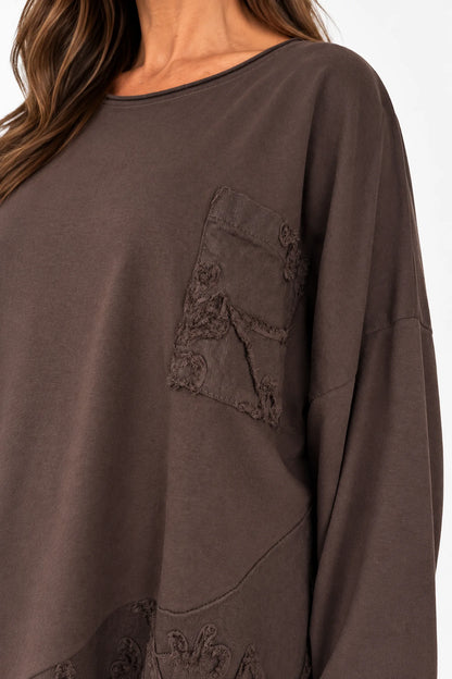Cotton Button Detail Embroidery Anglaise Needlecord Hem Italia Top - Chocolate