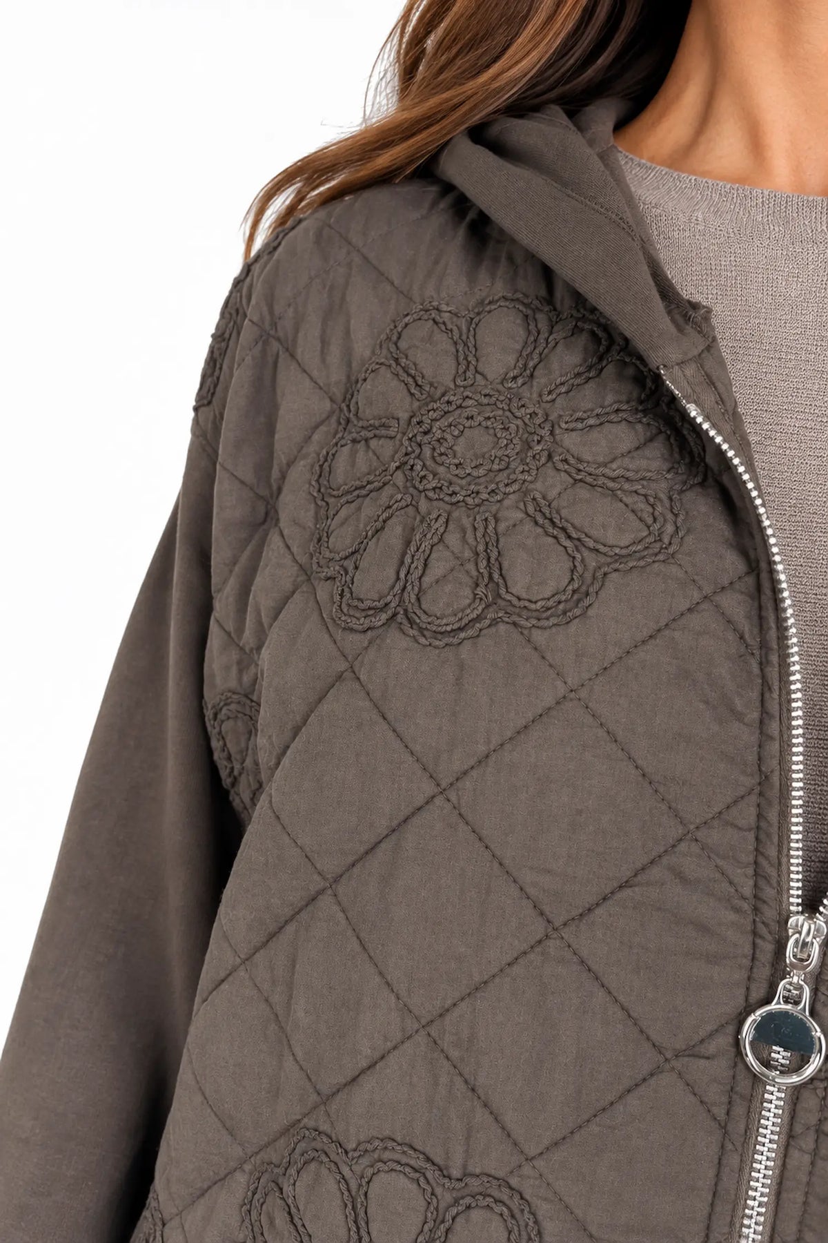 Embroidered Floral Quilted Cotton Hooded Zip Kala Coat – Chocolate