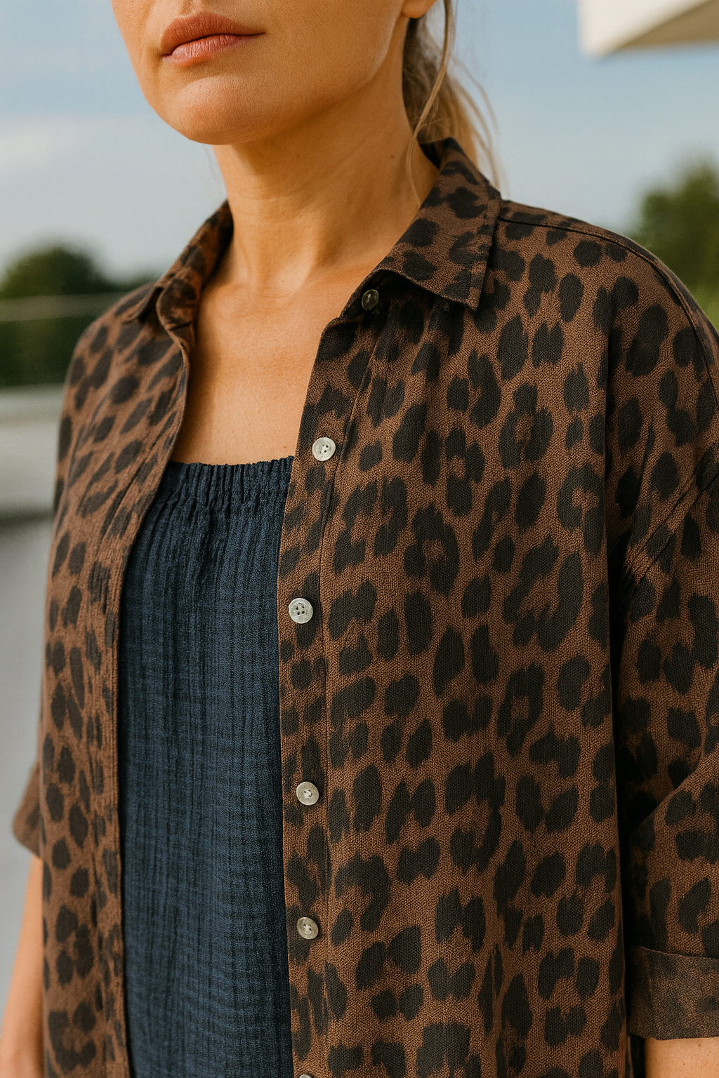 Premium Stitch Button Sleeve Lexi Leopard Print Shirt - Chocolate