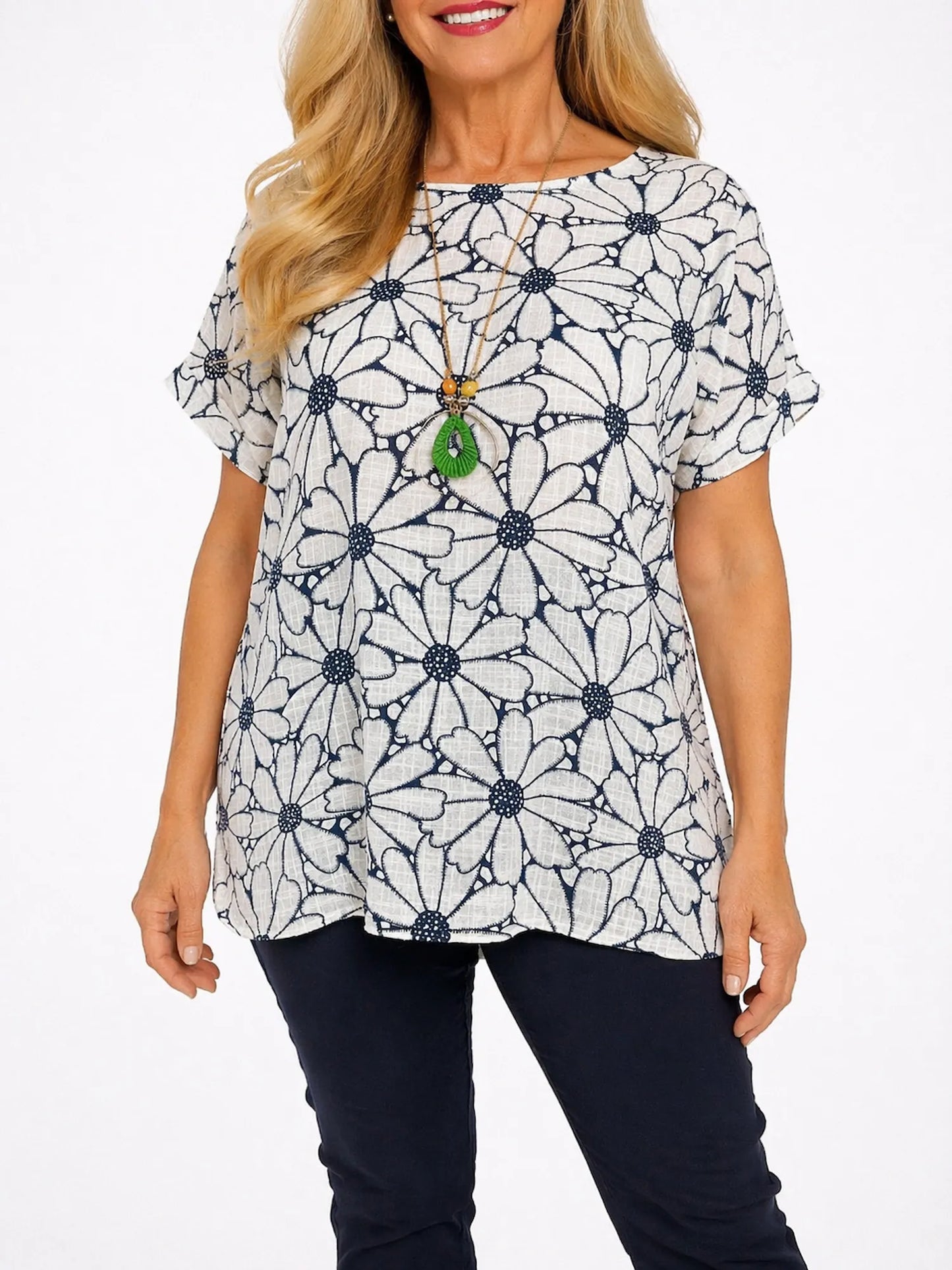 Pure Cotton Velina Floral Necklace Top - Navy