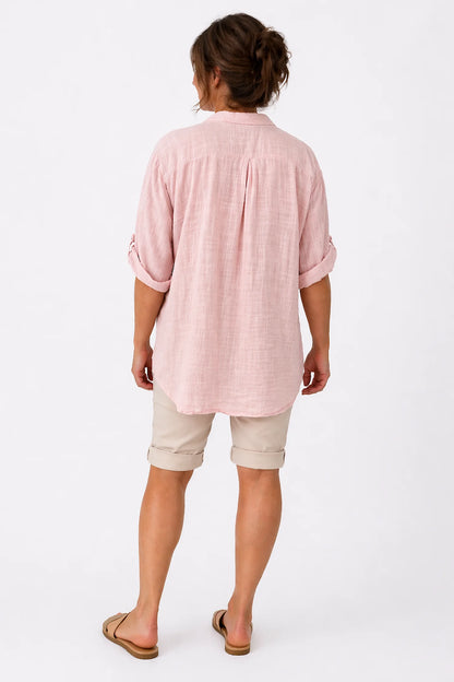 Linen Look Pure Cotton Pocket Detail Button Sleeve Calilla Button Shirt - Vintage Pink