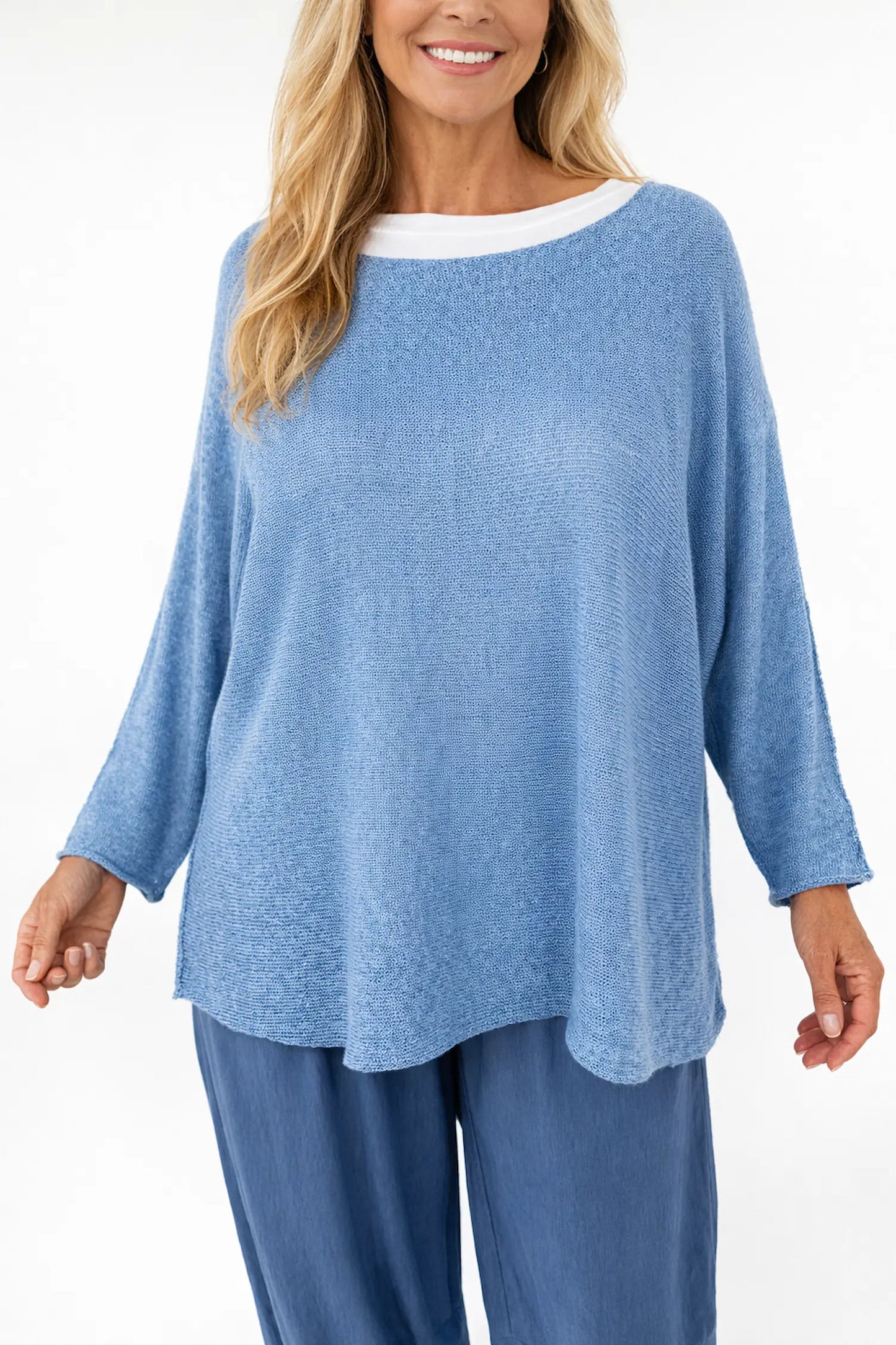 Cotton Seam Sleeve Vittoria Spring Knit Top - Denim