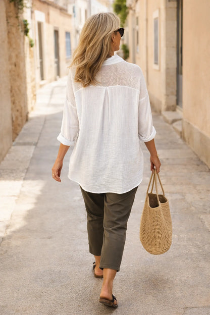 Pure Bubble Cotton Mesh Sleeve/Back Detail Celeste Button Shirt - White