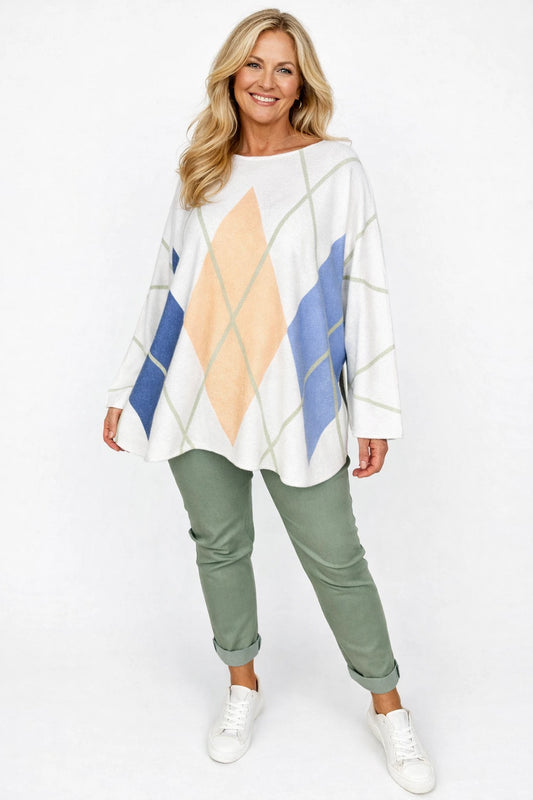 Premium Spring Knit Argyle Sofia Seam Sleeve Top - Denim/Peach/Sage
