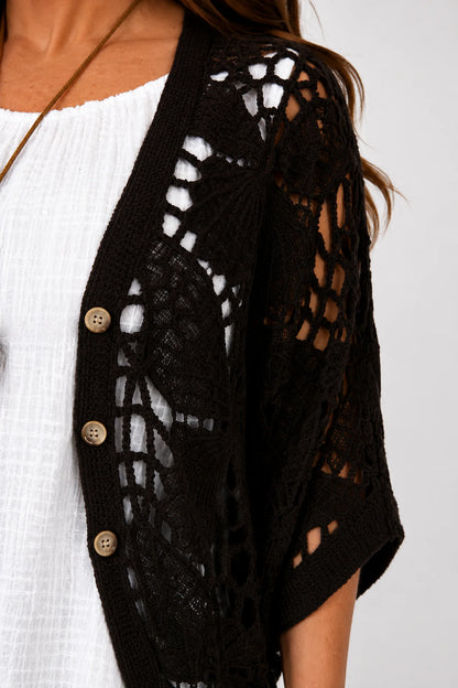 Pure Cotton Sadie Batwing Button Crochet Cardigan - Chocolate