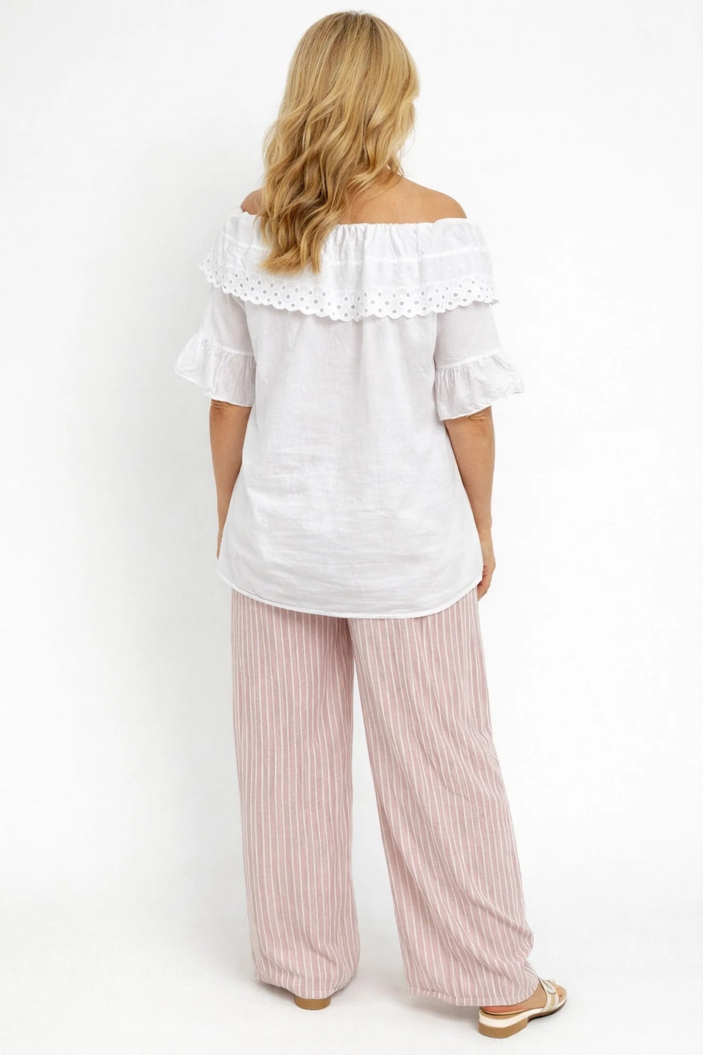 Pure Cotton Frill Sleeve Elasticated Neck Embroidery Anglaise Lumière Bardot Top - White
